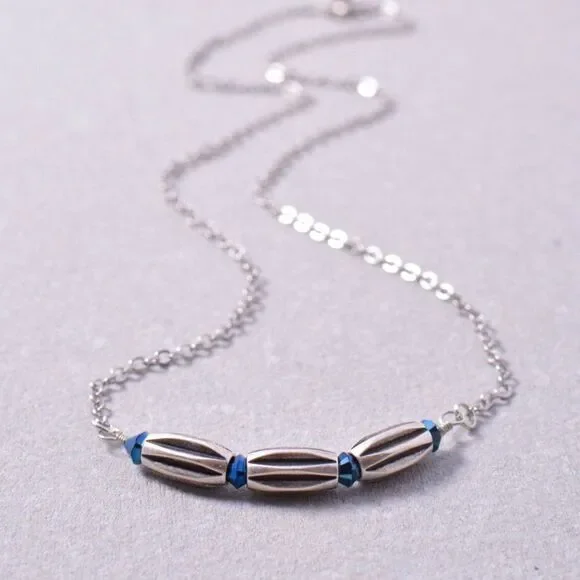 Blue Swarovski Dainty Silver Bar Necklace - Picture 1 of 4
